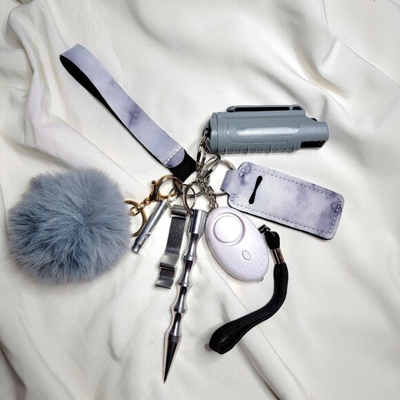 8 Piece Gray Safety Keychain Set, Alarm w/ Flashlight, Window Breaker, Whistle - Picture 1 of 2